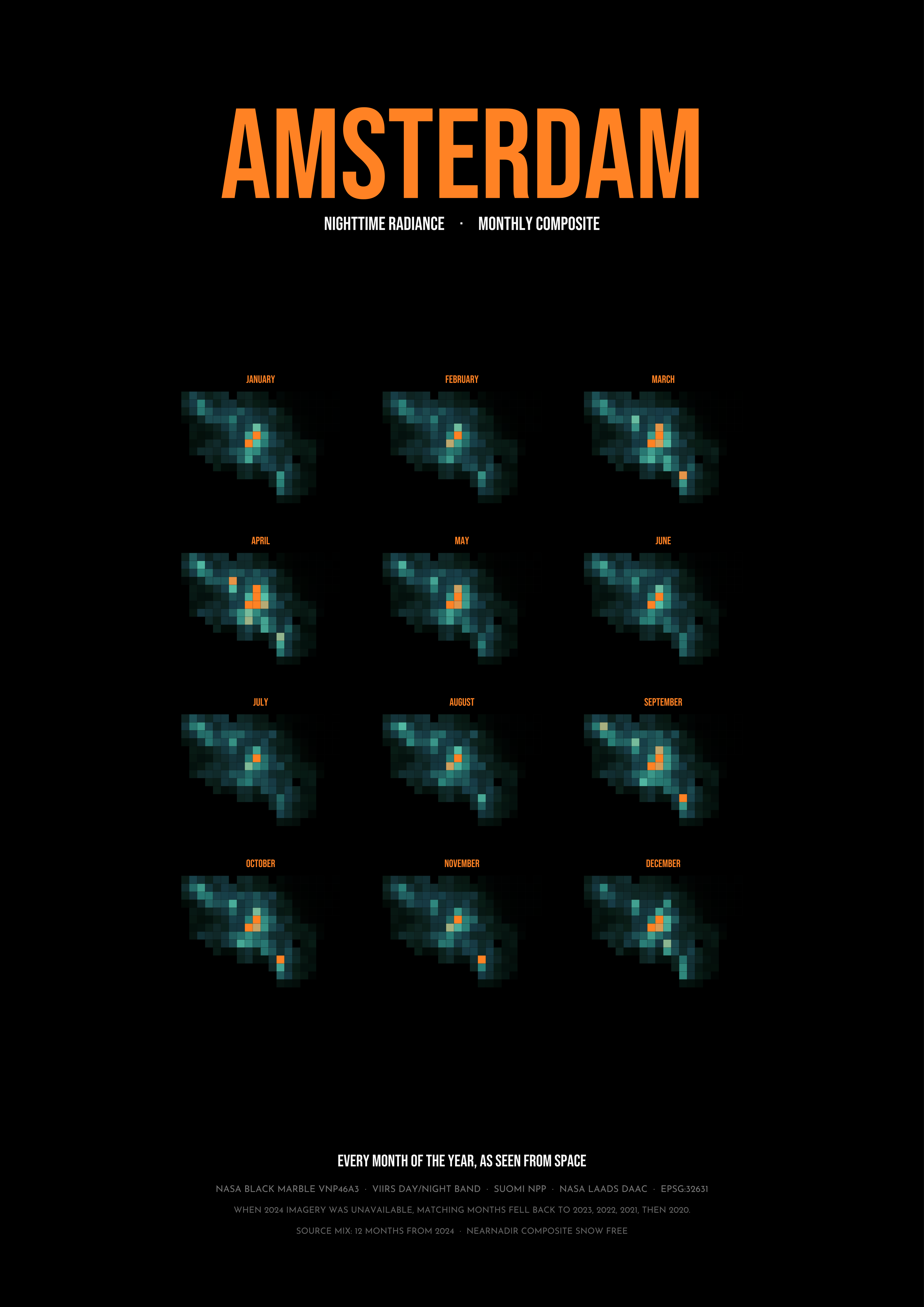 Amsterdam 2024 — twelve-panel nighttime radiance poster. Each panel is one month of satellite data.