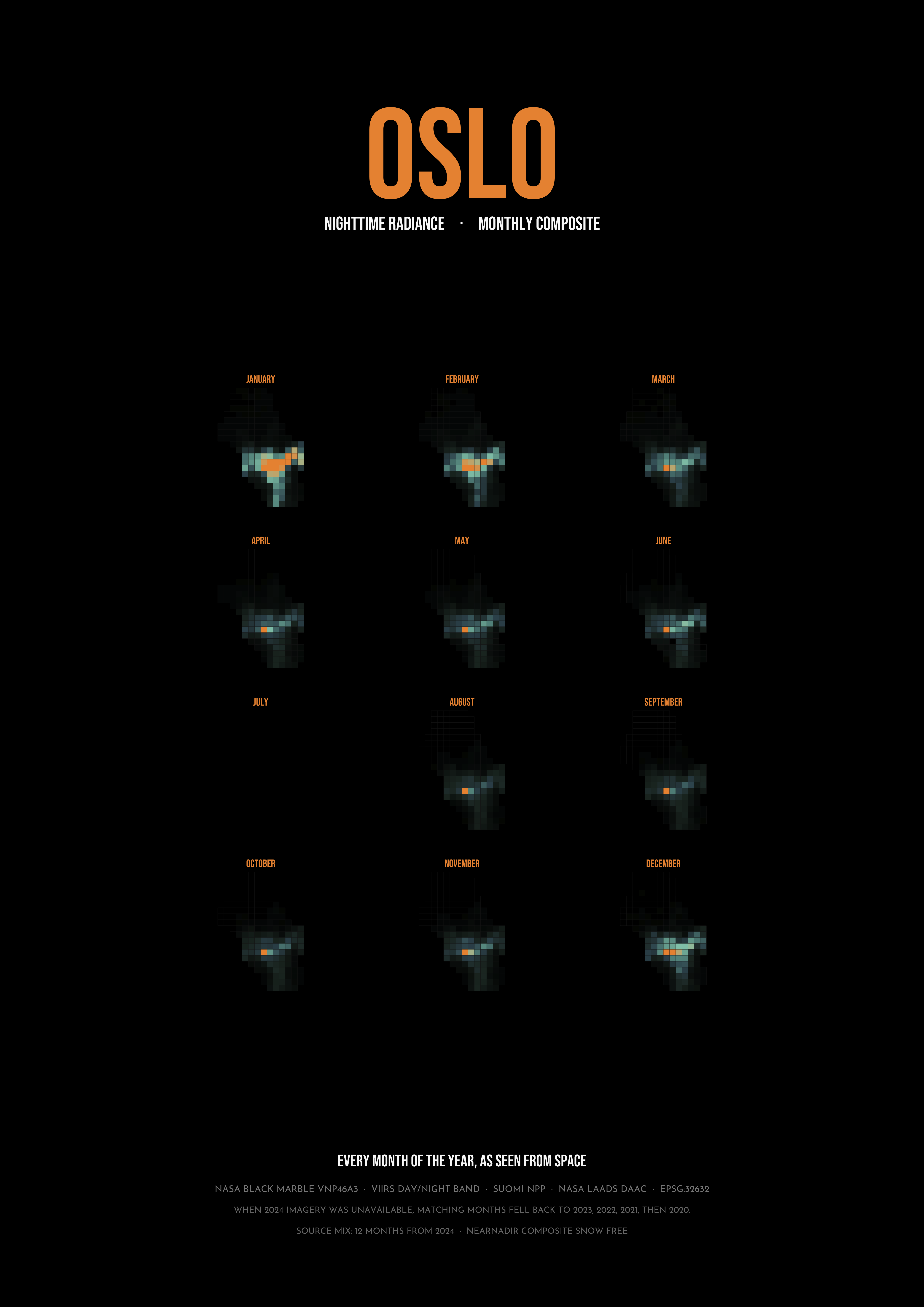 Oslo 2024 nighttime radiance — twelve monthly panels